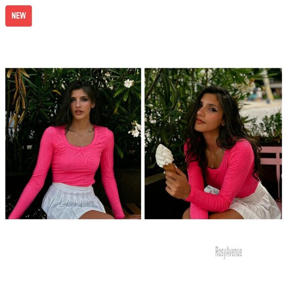 Long Sleeve Rib Knit Scoop Neck Tee Slim Fit Basic Top - Picture 8 of 8